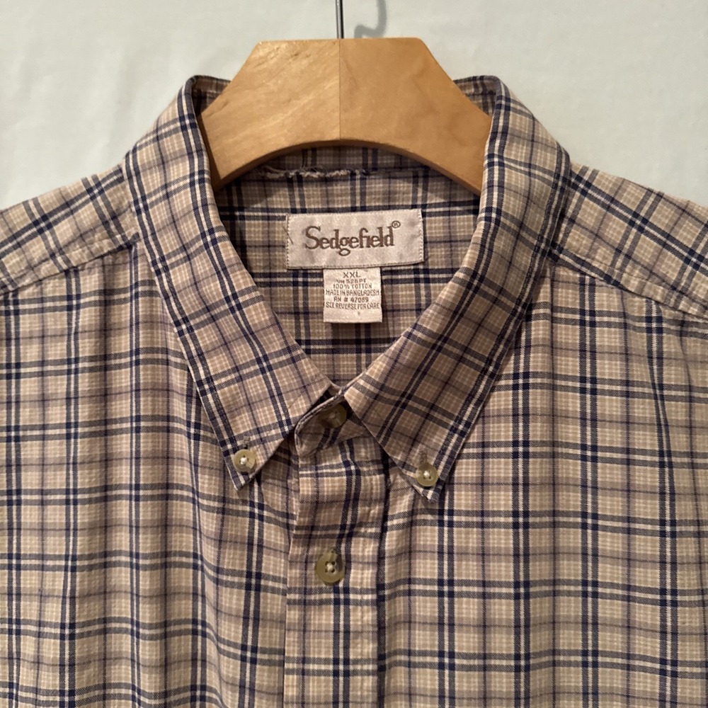 Mens Short Sleeve Button Up/Down XXL Shirt Blue/Tan Plaid 100% Cotton SEDGEFIELD